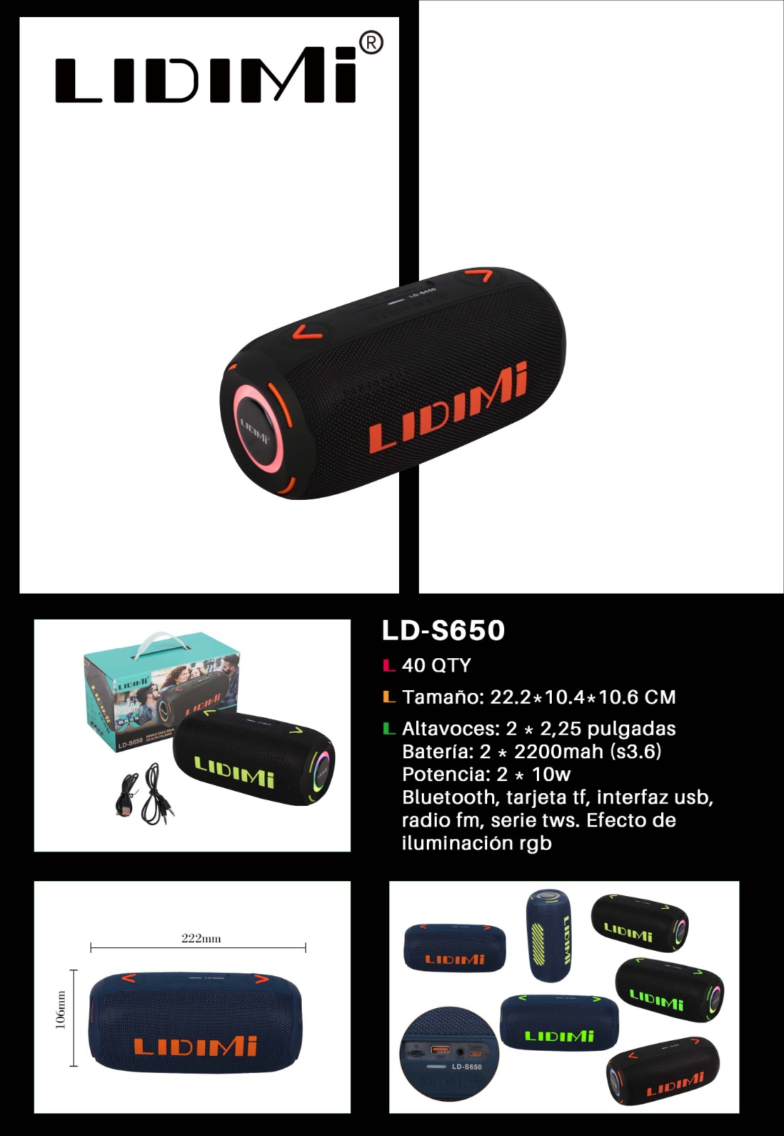 Parlante Bluetooth LIDIMI S650 – 20W con Luces LED - Imagen 4