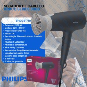 secador de cabello iónico philips series 3000 bhd351/10