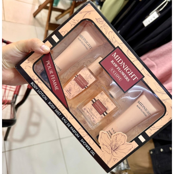 set de perfume, body mist, loción corporal y gel de ducha x12 unidades